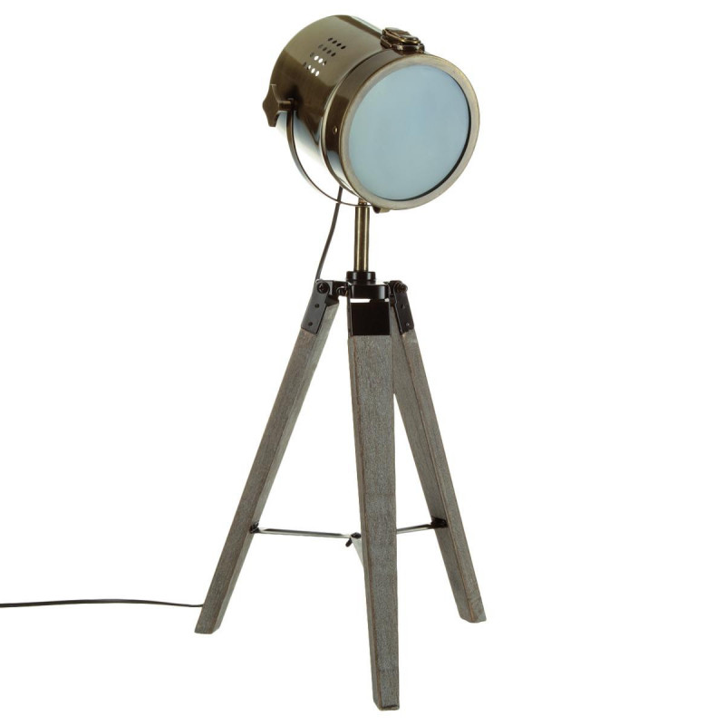 Lampe projecteur en métal bronze et pied en bois h 68 cm