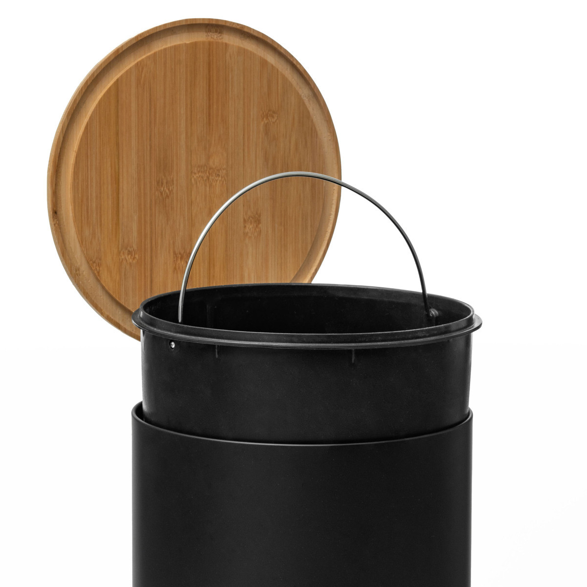 Poubelle de cuisine ronde noire et bambou - 30L