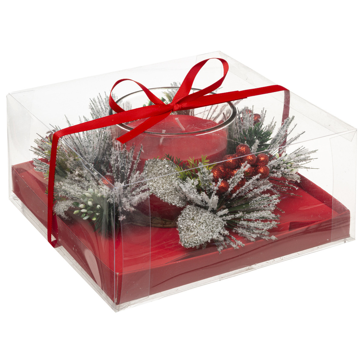 Bougie Rouge parfumée centre de table pot en verre avec déco feuillage 210  G - Bougies de noël - Décomania