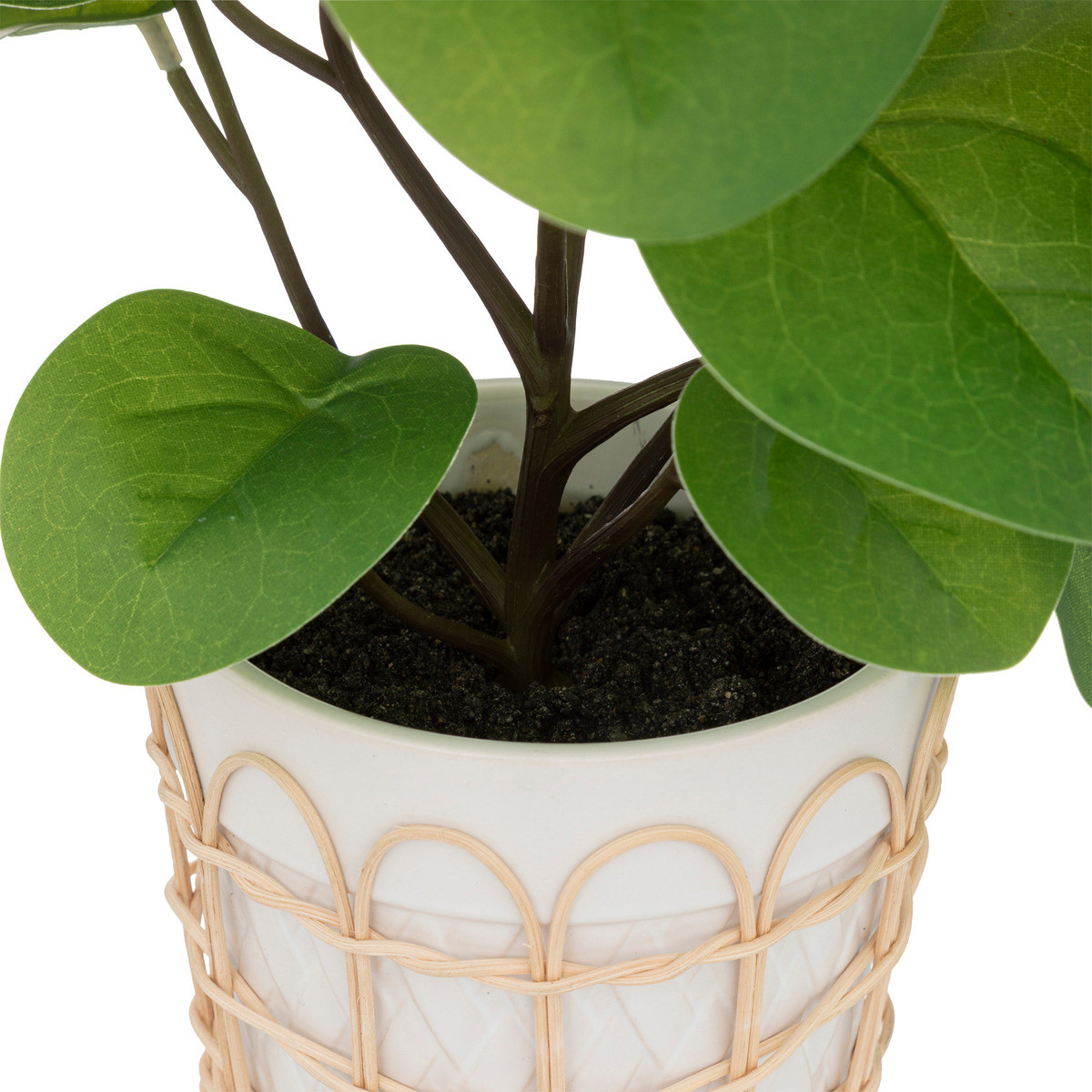 Plante verte artificielle dans pot en céramique et rotin H 34 cm