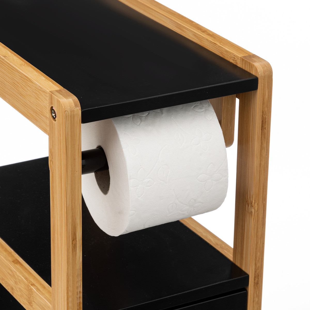 Dérouleur à papier toilettes Natureo avec rangement en Bois Noir et Bambou  - Accessoires de WC - Décomania